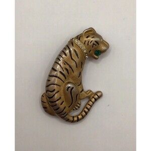 Large Vintage Gold Tone Sitting Tiger Green Rhinestone Brooch Pin